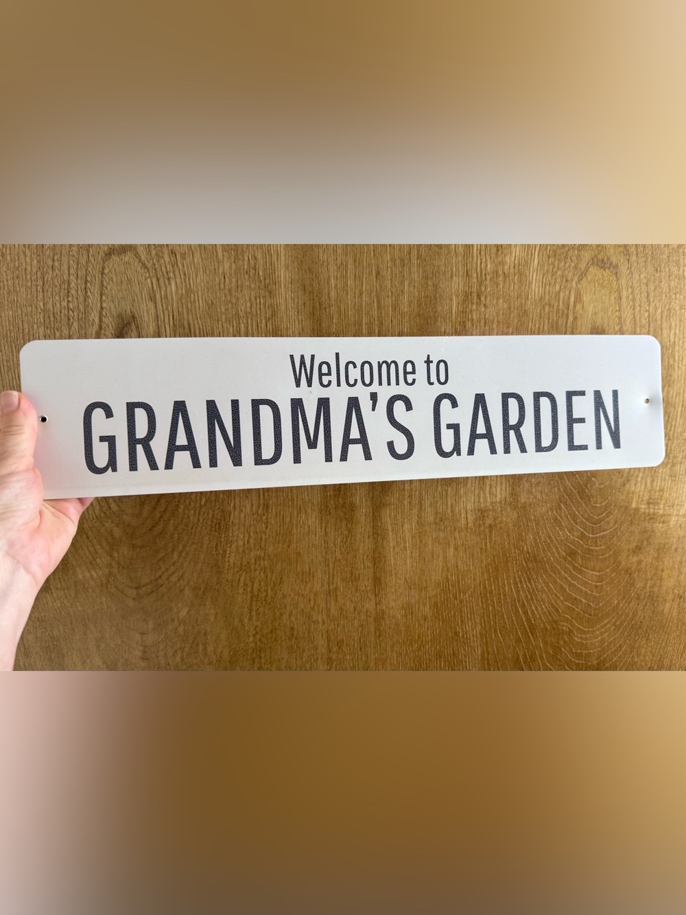 Garden Sign “Welcome to Grandma's Garden” sign. White with black text. Metal.